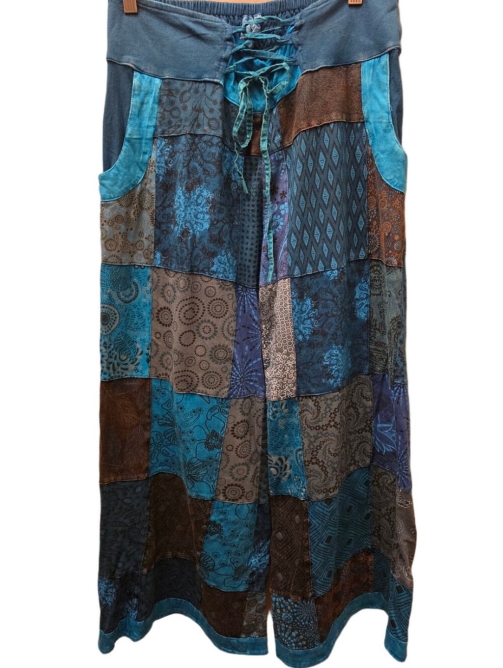 Patchwork Boho Wide Leg Pants Blue Teal Hippie Festival Drawstring Size L